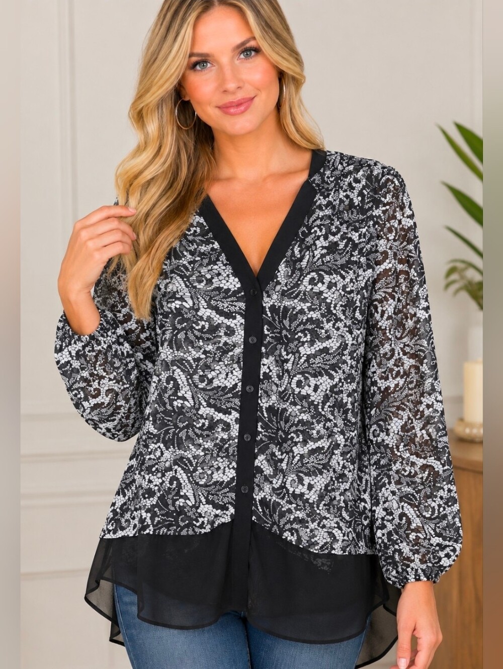 I.N. Studio Black and White Printed Sheer Button-Front Blouse